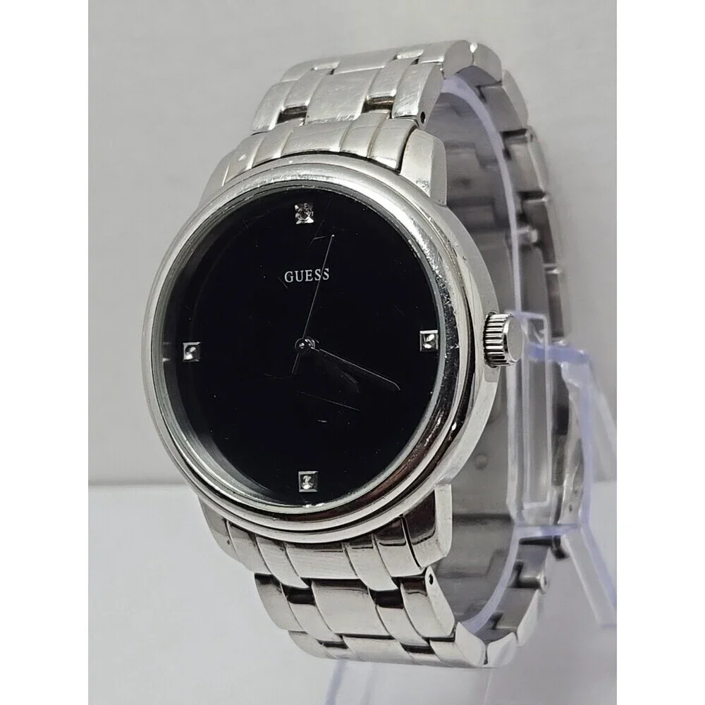 Mens Guess 39mm Stainless Steel Black Dial Quartz Watch G10181G New Battery